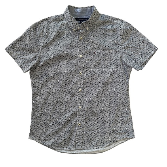 Tommy Hilfiger Large Custom Fit Blue Geo Print Short Sleeve Button Down Shirt - Picture 1 of 10